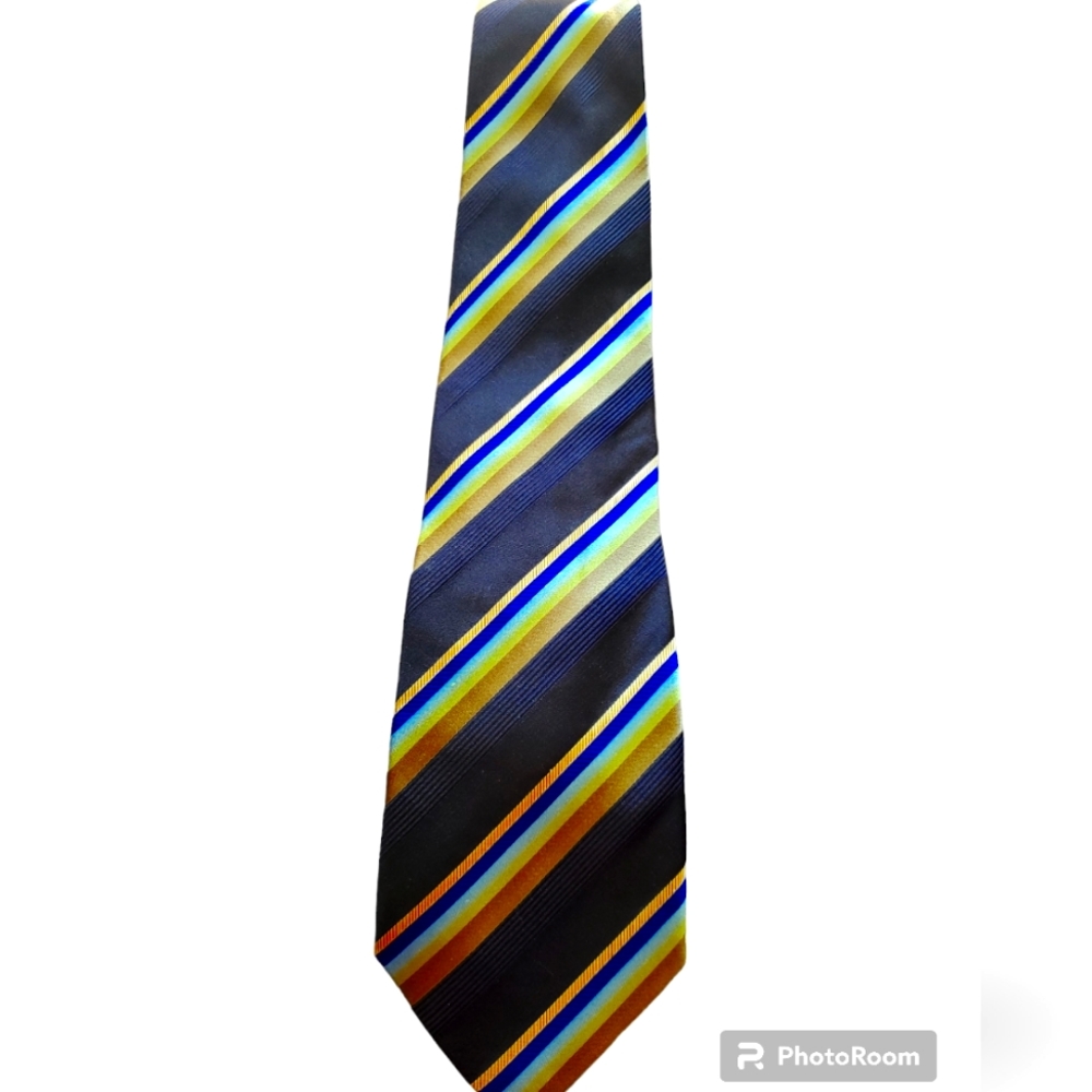 Dona Dona Stripe Blue Yellow Green 100% Silk Handmade Mens Neck Tie